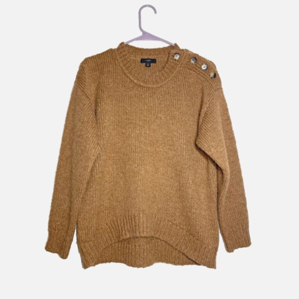 J Crew Women's XS Button Shoulder Crew Neck Sweater Brown Alpaca Wool Blend